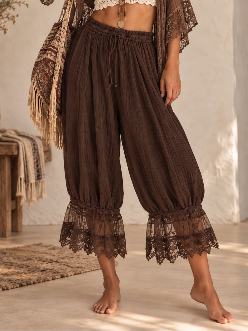 🧺 Brown Lace Trim Boho Harem Bloomer Pants NWOT Size M